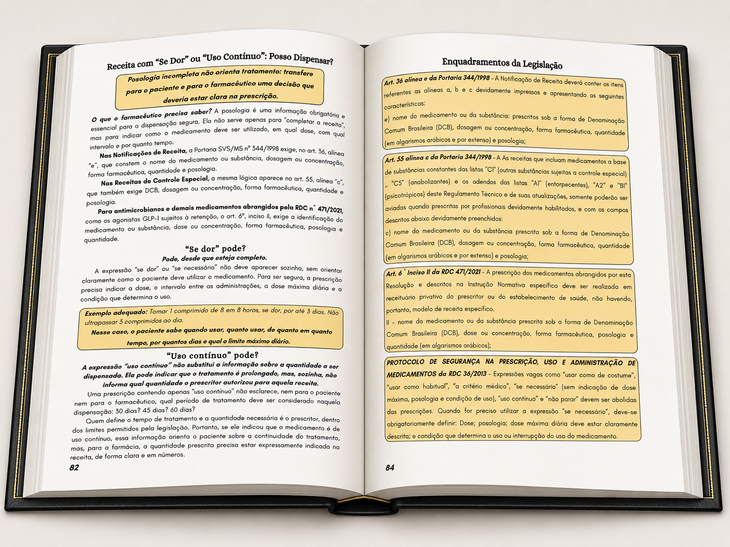 Páginas do livro aberto - Receita com 'Se Dor' ou 'Uso Contínuo' e Enquadramentos da Legislação